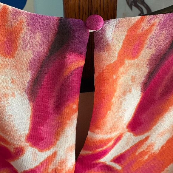 Kensie y2K Bold Orange, Pink Floral Chiffon Ruffle Sleeve Dress, Flowy Fit sz 8 - Picture 8 of 10